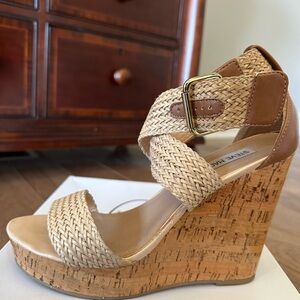 Steve Madden Tan Woven Cork Wedge Sandals 8.5